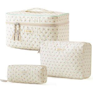 Quilted Makeup Bag, 3PCS Cotton Large Travel Makeup Bag, Cute Floral Coquette Ma